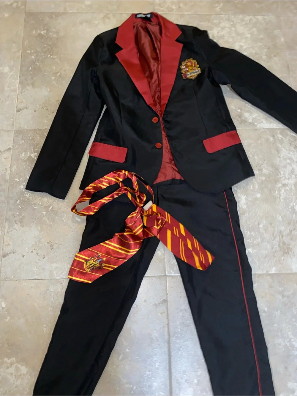 Black Gryffindor-Inspired Suit costume with Red Accents and Striped Tie